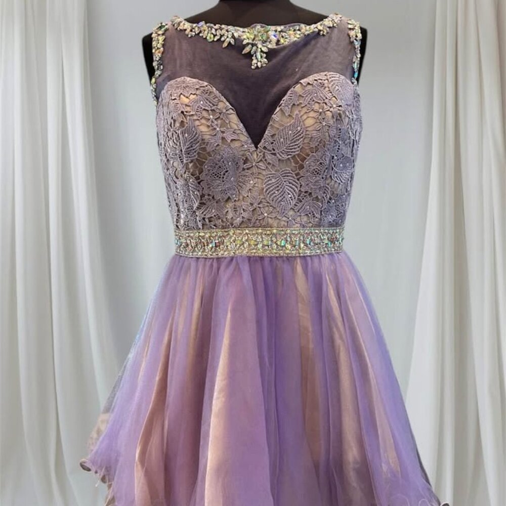 Lavendar Illusion Short Dress with Dazzling Rhinestones